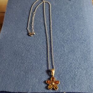 Elegant Sterling Silver and Baltic Amber Flower Pendant Necklace, Chain 20"